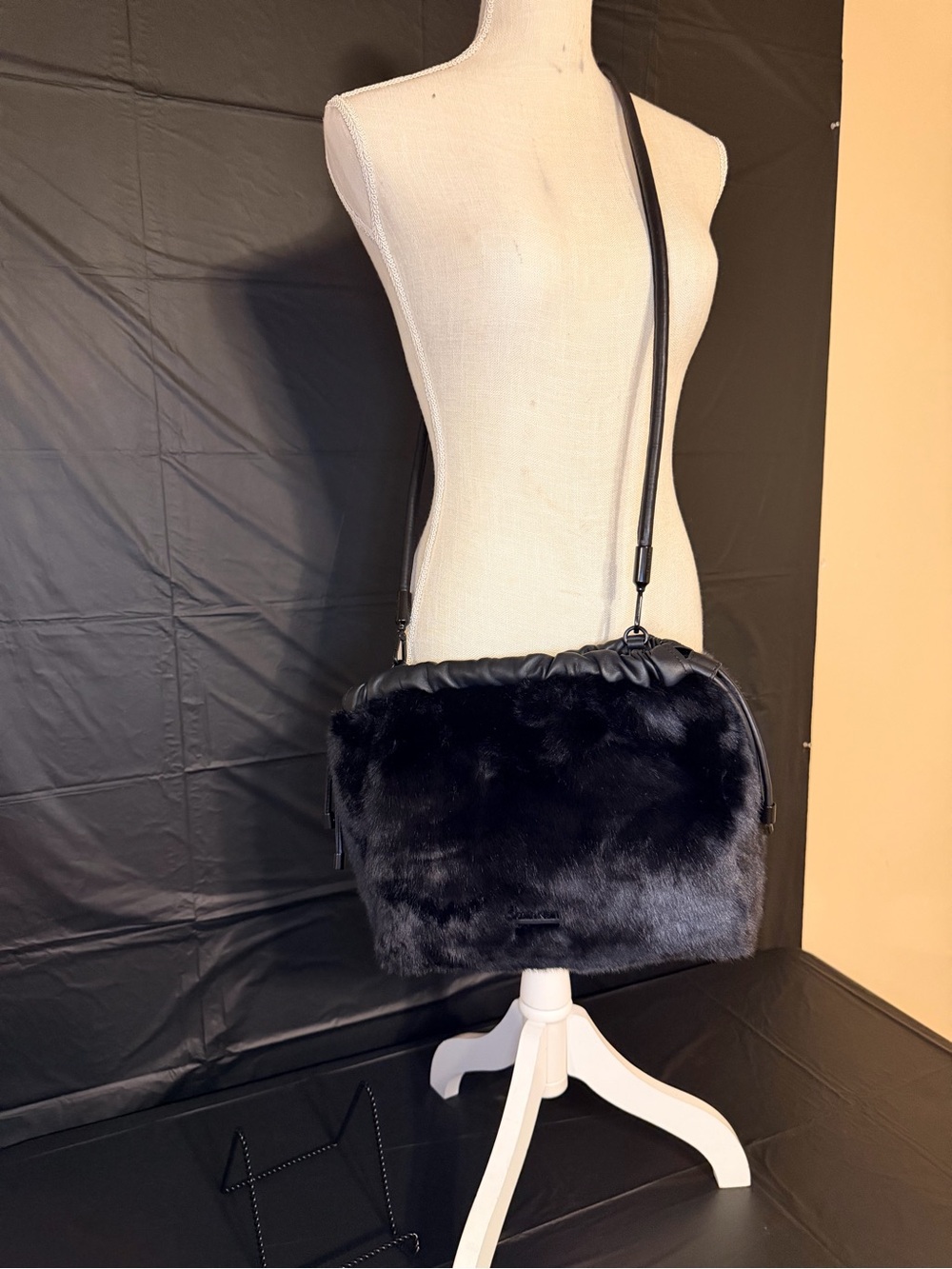 Calvin Klein Black Faux Fur Crossbody Bag with Adjustable Strap
